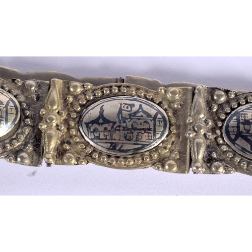 1643 - AN UNUSUAL 19TH CENTURY RUSSIAN ARMENIAN WHITE METAL NIELLO BELT decorated with scenes and foliage. ... 