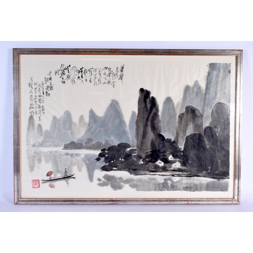 1649 - Sun Xiao Xiang (20th Century) Watercolour, Boats in a landscape. 75 cm x 52 cm.