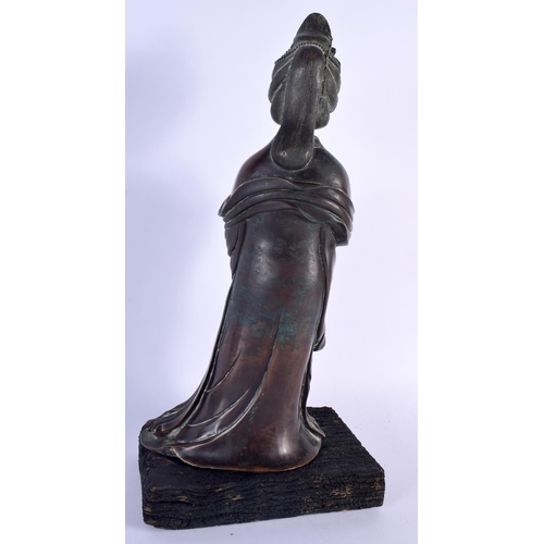 1651 - A LARGE 19TH CENTURY JAPANESE MEIJI PERIOD BRONZE FIGURE OF A DEITY modelled holding a fan, wearing ... 