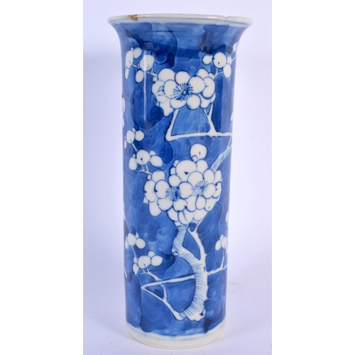 1655 - A 19TH CENTURY CHINESE BLUE AND WHITE PORCELAIN CYLINDRICAL VASE bearing Kangxi marks to base. 18.5 ... 