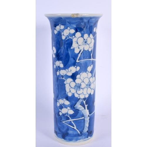 1655 - A 19TH CENTURY CHINESE BLUE AND WHITE PORCELAIN CYLINDRICAL VASE bearing Kangxi marks to base. 18.5 ... 