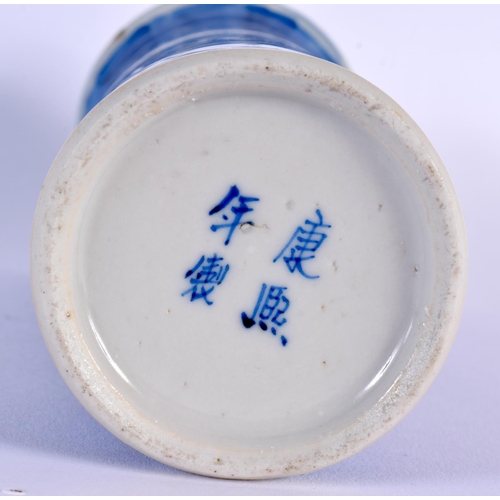 1655 - A 19TH CENTURY CHINESE BLUE AND WHITE PORCELAIN CYLINDRICAL VASE bearing Kangxi marks to base. 18.5 ... 