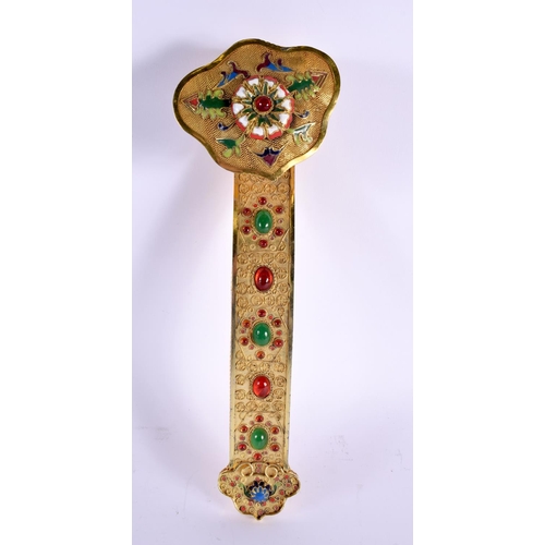 1666 - AN EARLY 20TH CENTURY CHINESE YELLOW METAL ENAMELLED RUI SCEPTRE Late Qing/Republic, jewelled with m... 