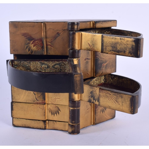 1689 - A 19TH CENTURY JAPANESE MEIJI PERIOD GOLD LACQUERED SLIDING WOOD BOX painted with cranes. 9 cm x 9 c... 