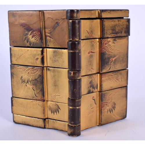 1689 - A 19TH CENTURY JAPANESE MEIJI PERIOD GOLD LACQUERED SLIDING WOOD BOX painted with cranes. 9 cm x 9 c... 