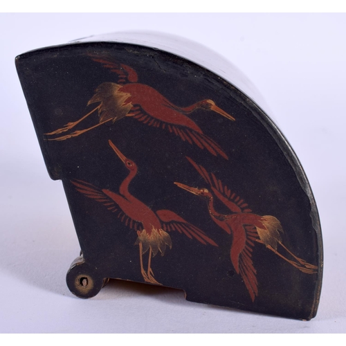 1689 - A 19TH CENTURY JAPANESE MEIJI PERIOD GOLD LACQUERED SLIDING WOOD BOX painted with cranes. 9 cm x 9 c... 