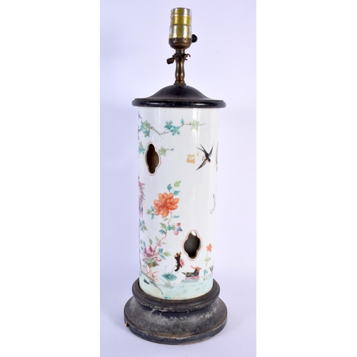 1693 - A 19TH CENTURY CHINESE CANTON FAMILLE ROSE PORCELAIN WIG STAND LAMP Qing. 48 cm high.