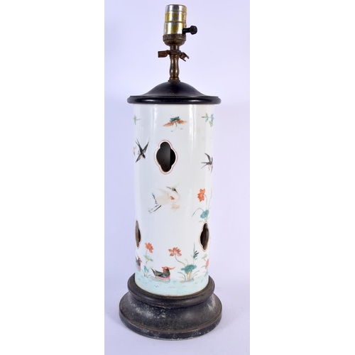 1693 - A 19TH CENTURY CHINESE CANTON FAMILLE ROSE PORCELAIN WIG STAND LAMP Qing. 48 cm high.