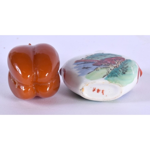 1710 - A CHINESE CARVED AGATE SNUFF BOTTLE 20th Century, together with another. Largest 6 cm x 5.75 cm. (2)