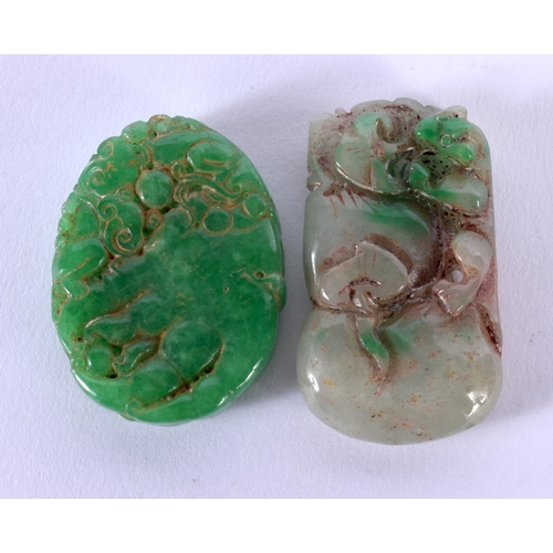 1717 - TWO CHINESE CARVED JADE PLAQUES 20th Century. 91 grams. Largest 5.5 cm x 3 cm. (2)