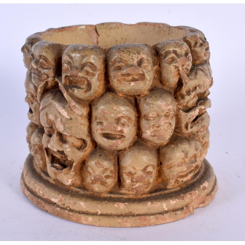 1728 - AN UNUSUAL 19TH CENTURY JAPANESE MEIJI PERIOD POTTERY BOX decorated with faces. 9 cm x 7 cm.