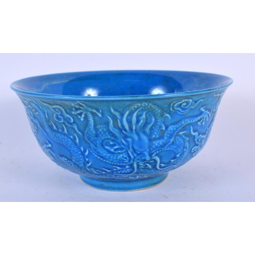 1730 - A CHINESE BLUE GLAZED PORCELAIN DRAGON BOWL 20th Century. 15 cm diameter.