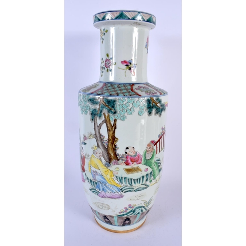 1742 - A LARGE CHINESE FAMILLE ROSE PORCELAIN ROULEAU VASE 20th Century. 42 cm high.