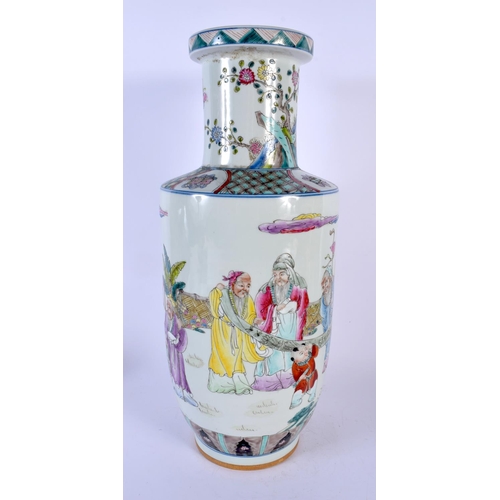 1742 - A LARGE CHINESE FAMILLE ROSE PORCELAIN ROULEAU VASE 20th Century. 42 cm high.