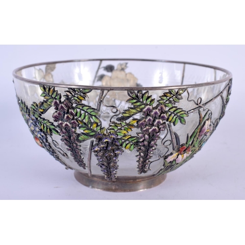 1745 - AN UNUSUAL 19TH CENTURY JAPANESE MEIJI PERIOD SILVER AND ENAMEL BOWL decorated all over with foliage... 