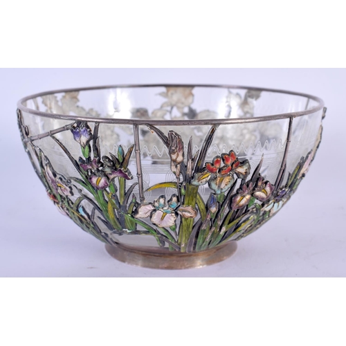 1745 - AN UNUSUAL 19TH CENTURY JAPANESE MEIJI PERIOD SILVER AND ENAMEL BOWL decorated all over with foliage... 