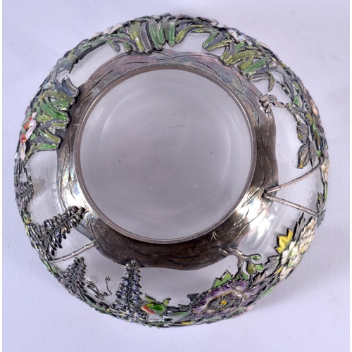 1745 - AN UNUSUAL 19TH CENTURY JAPANESE MEIJI PERIOD SILVER AND ENAMEL BOWL decorated all over with foliage... 