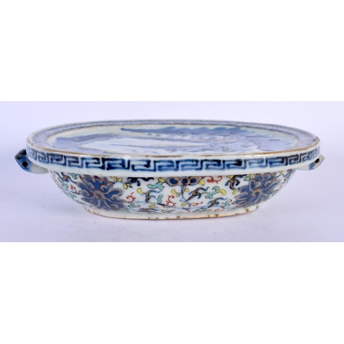 1746 - A RARE 18TH CENTURY CHINESE BLUE AND WHITE DOUCAI PORCELAIN DISH WARMER Qianlong. 18 cm x 14 cm.