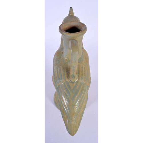 1750 - AN UNUSUAL CHINESE CELADON RU TYPE POTTERY BIRD JUG 20th Century. 21 cm x 21 cm.