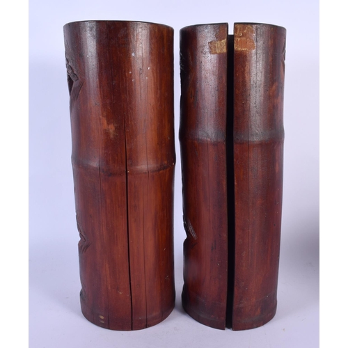 1759 - A LARGE PAIR OF 19TH CENTURY JAPANESE MEIJI PERIOD BAMBOO BRUSH POTS decorated with figures in lands... 