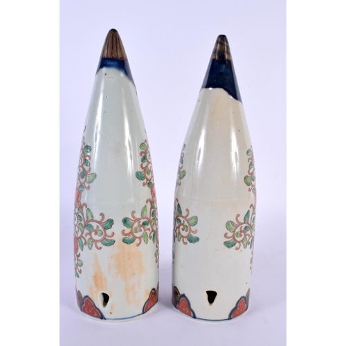 1763 - A RARE PAIR OF 19TH CENTURY JAPANESE MEIJI PERIOD IMARI PORCELAIN CONICAL FLASKS painted with birds ... 