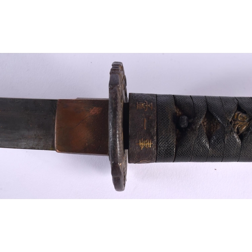 1767 - A 19TH CENTURY JAPANESE MEIJI PERIOD IRON AND SHAGREEN HANDLED SAMURAI SWORD. 71 cm long.