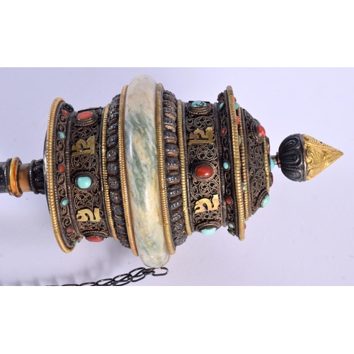 1775 - A RARE 19TH CENTURY CHINESE TIBETAN SILVER JADE CORAL AND TURQUOISE PRAYER WHEEL decorated with char... 