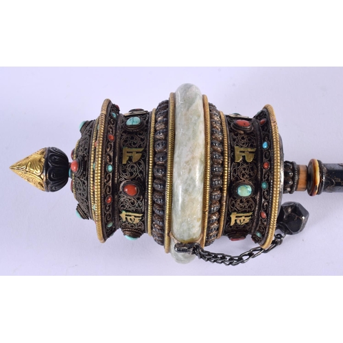 1775 - A RARE 19TH CENTURY CHINESE TIBETAN SILVER JADE CORAL AND TURQUOISE PRAYER WHEEL decorated with char... 