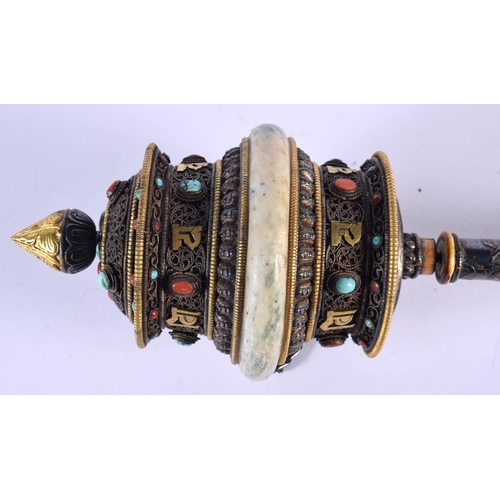 1775 - A RARE 19TH CENTURY CHINESE TIBETAN SILVER JADE CORAL AND TURQUOISE PRAYER WHEEL decorated with char... 