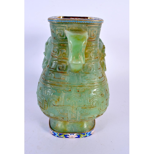 1778 - A CHINESE QING DYNASTY TWIN HANDLED JADE VASE with Russian silver mounts. 16 cm x 14 cm.