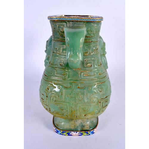 1778 - A CHINESE QING DYNASTY TWIN HANDLED JADE VASE with Russian silver mounts. 16 cm x 14 cm.