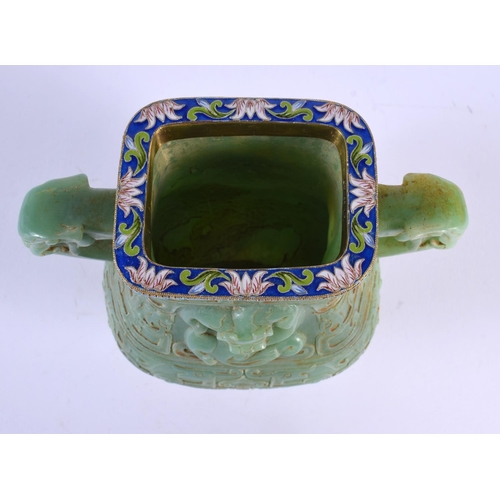 1778 - A CHINESE QING DYNASTY TWIN HANDLED JADE VASE with Russian silver mounts. 16 cm x 14 cm.