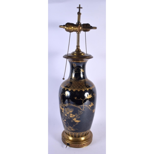 1786 - A LARGE 19TH CENTURY FAMILLE NOIRE BALUSTER PORCELAIN LAMP Kangxi style. 60 cm high.