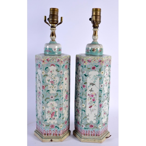 1788 - A PAIR OF 19TH CENTURY CHINESE FAMILLE ROSE PORCELAIN LAMPS Guangxu, painted with flowers and birds.... 