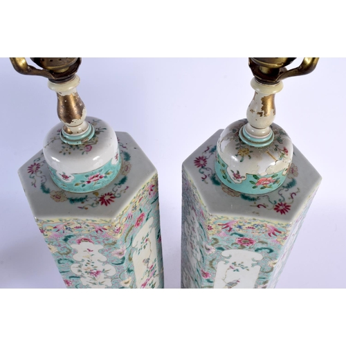 1788 - A PAIR OF 19TH CENTURY CHINESE FAMILLE ROSE PORCELAIN LAMPS Guangxu, painted with flowers and birds.... 