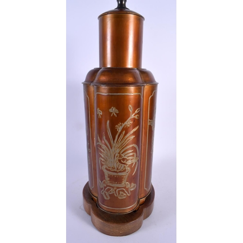 1789 - A CHINESE REPUBLICAN PERIOD TIN TEA CANISTER AND COVER LAMP decorated with foliage. 57 cm high.