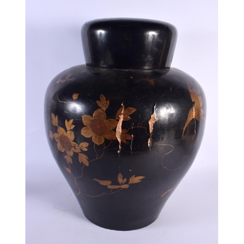 1800 - A LARGE 19TH CENTURY JAPANESE MEIJI PERIOD BLACK LACQUER JAR AND COVER decorated with foliage. 46 cm... 