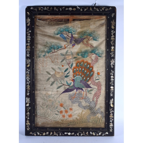 1801 - A LARGE 19TH CENTURY CHINESE FRAMED SILK WORK EMBROIDERED Qing, decorated in mother of pearl with fo... 