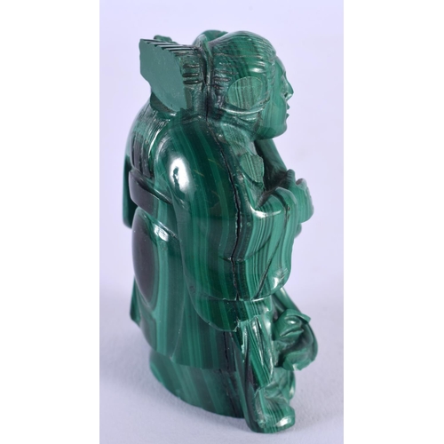 1807 - A CHINESE REPUBLICAN PERIOD CARVED MALACHITE FIGURE OF A FEMALE. 154 grams. 6.5 cm x 3 cm.