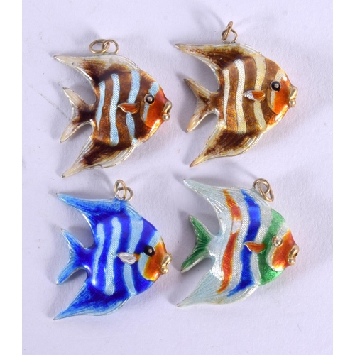 1867 - FOUR CHINESE SILVER AND ENAMEL FISH PENDANTS 20th Century. 14.7 grams. 3 cm x 2.5 cm.