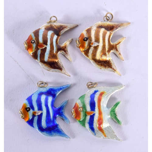 1867 - FOUR CHINESE SILVER AND ENAMEL FISH PENDANTS 20th Century. 14.7 grams. 3 cm x 2.5 cm.