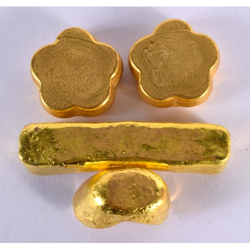 1871 - FOUR CHINESE YELLOW METAL INGOTS 20th Century. 499 grams. Largest 9.5 cm x 3.5 cm. (4)