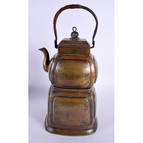 1902 - A RARE LATE 19TH CENTURY CHINESE PAKTONG SPIRIT BURNER KETTLE ON STAND decorated with landscapes. 31... 