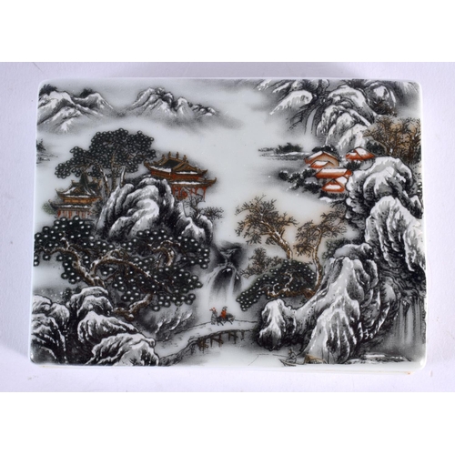 1905 - A CHINESE REPUBLICAN PERIOD WINTER LANDSCAPE INK BOX AND COVER. 11 cm x 9 cm.