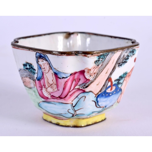 1907 - A VERY RARE 18TH CENTURY CHINESE CANTON ENAMEL TEABOWL Qianlong, painted with European figures withi... 