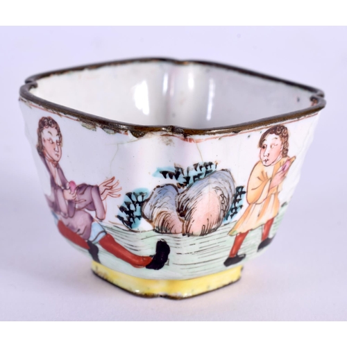 1907 - A VERY RARE 18TH CENTURY CHINESE CANTON ENAMEL TEABOWL Qianlong, painted with European figures withi... 