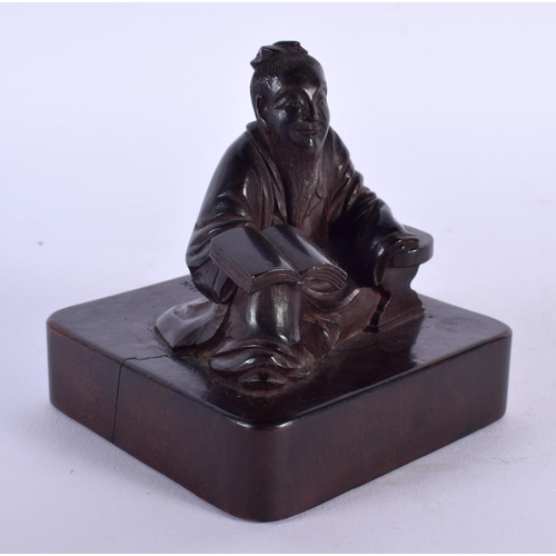 1909 - A VERY UNUSUAL 19TH CENTURY CHINESE CARVED HARDWOOD SEAL Qing, possibly Zitan, modelled as a seated ... 