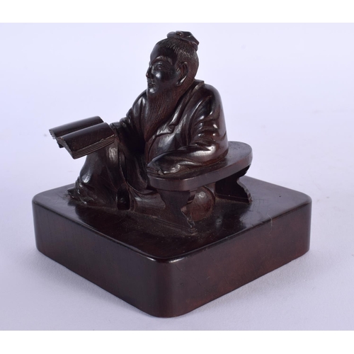 1909 - A VERY UNUSUAL 19TH CENTURY CHINESE CARVED HARDWOOD SEAL Qing, possibly Zitan, modelled as a seated ... 