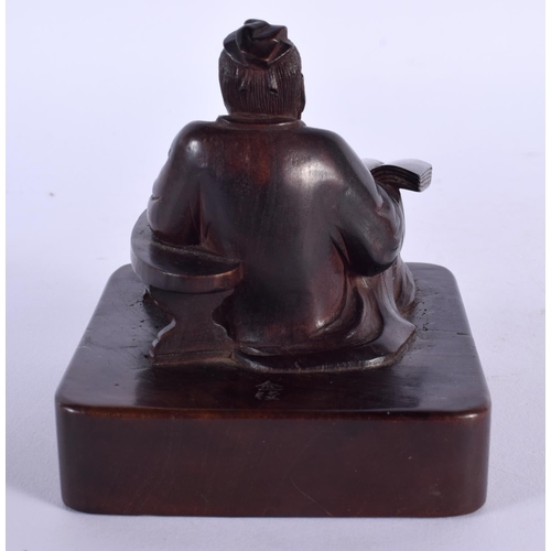 1909 - A VERY UNUSUAL 19TH CENTURY CHINESE CARVED HARDWOOD SEAL Qing, possibly Zitan, modelled as a seated ... 