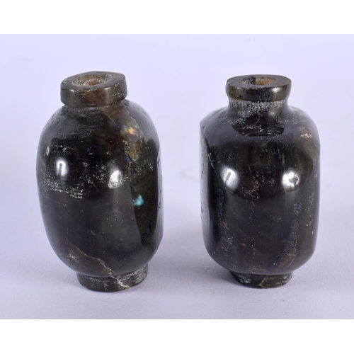 1926 - A RARE PAIR OF 19TH CENTURY CHINESE CARVED LABRADORITE STONE SNUFF BOTTLES Qing. 5.5 cm x 5 cm.